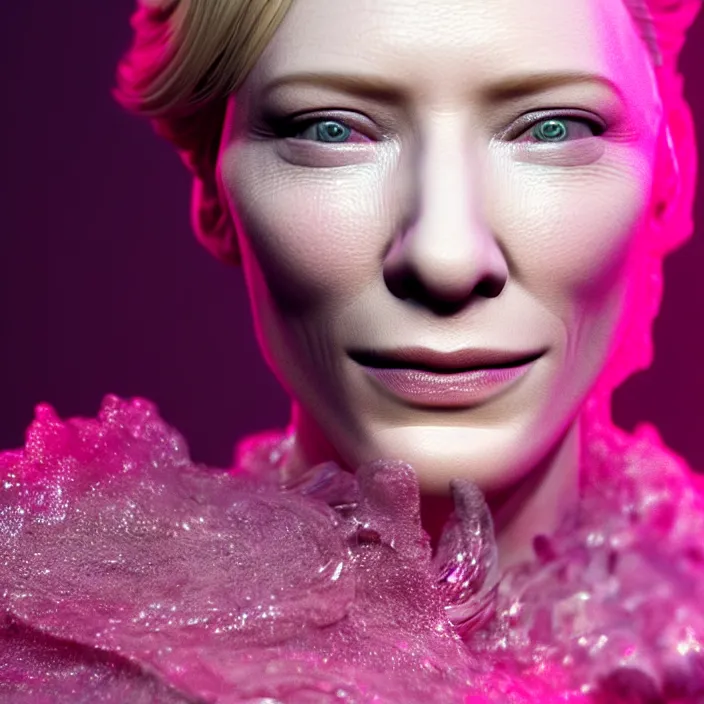 Image similar to cate blanchett as a cake, intricate, elegant, pink mist, product shot, macro, highly detailed, dramatic lighting, symmetrical face, sharp focus, octane render, trending on artstation, artstationhd, artstationhq, unreal engine, 4 k, 8 k