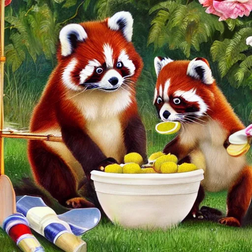 Prompt: very cute friendly happy high energy red pandas at a fancy garden party playing croquet and drinking lemonade, artwork by mark brooks and Asher Brown Durand, grand master, cinematic