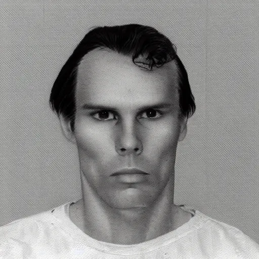 Image similar to A mugshot portrait of a man who looks like Jerma985 with short length wavy hair and a slightly receded hairline, wearing mid 1980s menswear in the late 1980s, taken in the late 1980s, grainy, realistic, hyperrealistic, very realistic, highly detailed, very detailed, extremely detailed, detailed, trending on artstation, front facing, front view, headshot and bodyshot, detailed face, very detailed face