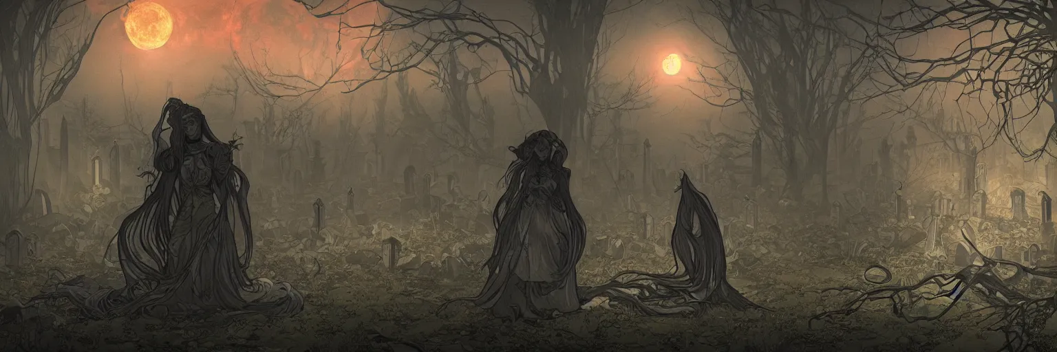 Image similar to an ultra detailed animation of a glowing apparition in a graveyard at midnight on halloween, tattoo on shohulder, digital art, dark fantasy, concept art, soulslike, by alphonse mucha, blood moon eclipse, ruined building in the background, artstation, 8 k, unreal engine render