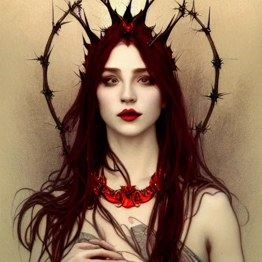 Image similar to portrait of beautiful vampire, rose thorn crown, thorns everywhere, headshot, pale skin, 4k, rule of thirds, extreme detail, detailed drawing, trending artstation, hd, fantasy, D&D, realistic lighting, by Alphonse Mucha, Greg Rutkowski, sharp focus, backlit, bright red hair, necklace, jewelry