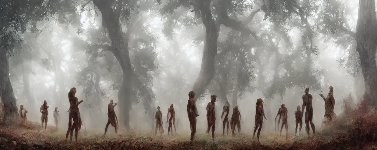 Prompt: Ancient humans in a foggy forest kneeling on the ground as if in worship as they watch a group of elegantly dressed 8 feet tall female and male humanoids walk past them, concept art, bold cool colors