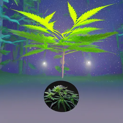 Prompt: a bioluminescence cannabis plant in a mystical high fantasy forest. volumetric light. moonlight. midnight.