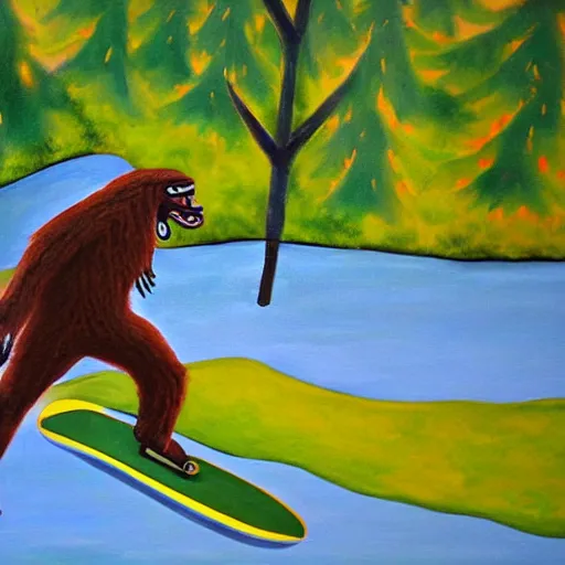 Prompt: a beautiful painting of bigfoot riding a skateboard in MIssoula Montana by Charlie Russell and Monte Dolack