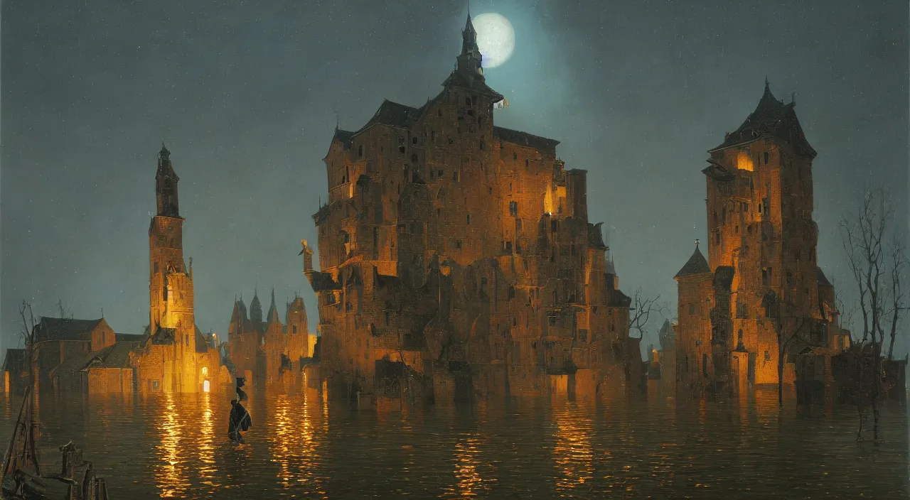 Prompt: an oil painting of a flooded ancient tower at night by greg hildebrandt simon stalenhag carl spitzweg jan van eyck audubon rene magritte max ernst, full-length view, highly detailed, vibrant colors, extremely high contrast!, symmetry, great composition, high detail, cinematic lighting, award winning masterpiece, trending on artstation