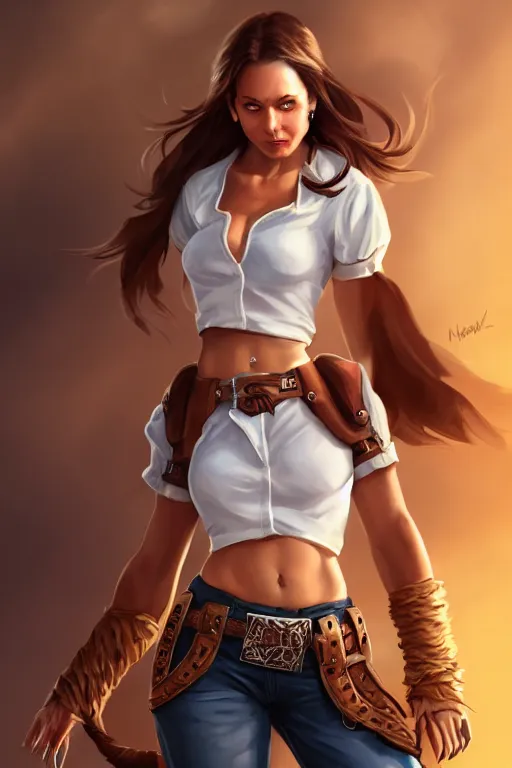 Image similar to full body, female cowgirl, perfect face, white blouse, holster, 8 k, magic the gathering, desert, d & d, artstation, high detail, smooth, muscular