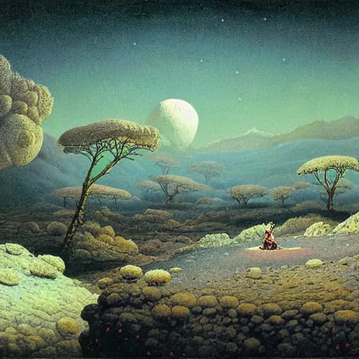 Image similar to a landscape on the moon with many craters, barren moon landscape, in a big crater at the center there is a beautiful flowering garden, 8 k, lowbrow in the style of martin johnson heade and daniel merriam and roger dean,