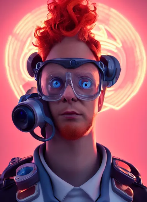 Prompt: glowwave portrait of curly orange hair man as a agent, au naturel, hyper detailed, digital art, trending in artstation, cinematic lighting, studio quality, smooth render, unreal engine 5 rendered, octane rendered, art style by pixar warner bros dreamworks disney riot games and overwatch