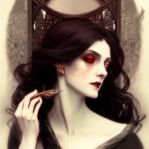 Prompt: elegant victorian vampire, portrait, intricate, elegant, highly detailed, digital painting, artstation, concept art, rough, sharp focus, illustration, art by artgerm and greg rutkowski and alphonse mucha