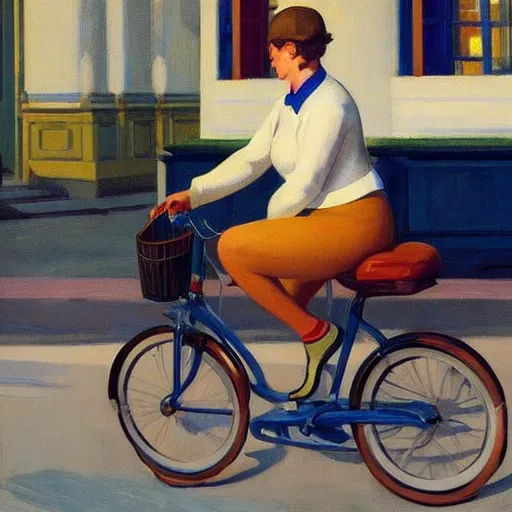 Image similar to young puppy riding a bike in paris. edward hopper. faithfully depicted, sharp focus, global illumination, radiant light, detailed and intricate environment, trending on artstation