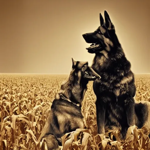 Prompt: a humanoid german shepherd beast - man hugging his friend in a corn field vintage sepia detailed 8 k