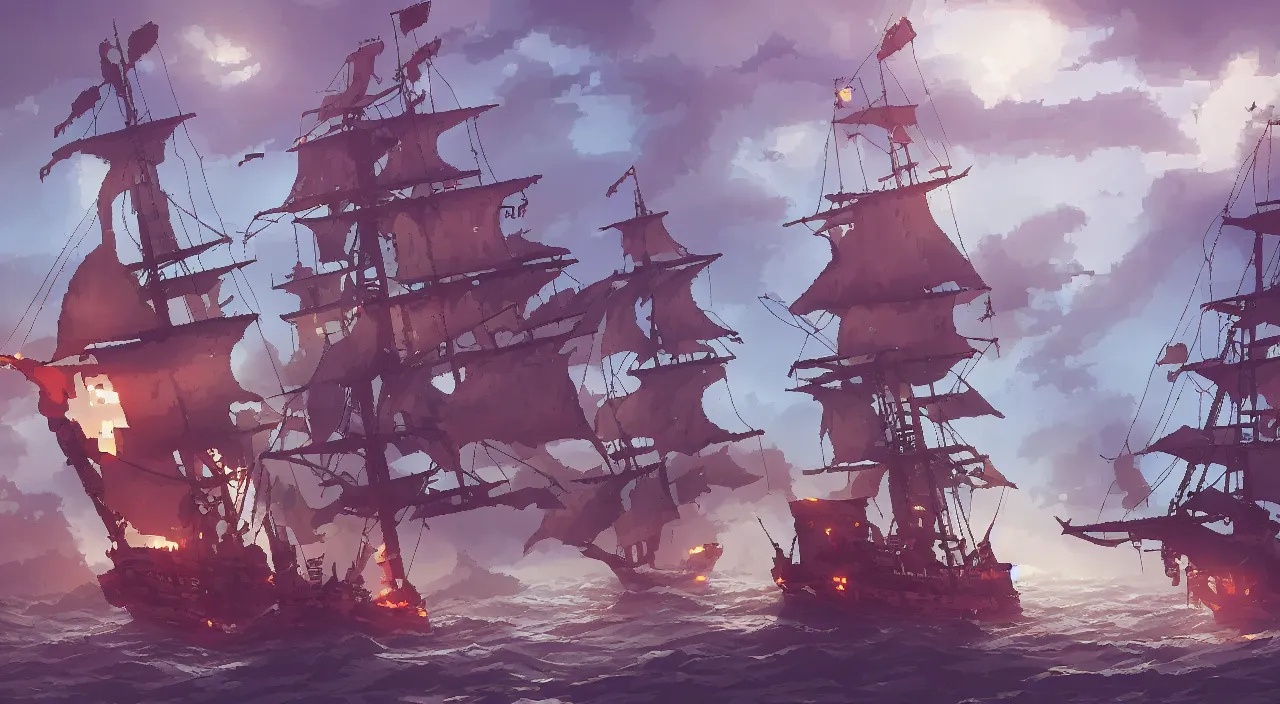 Image similar to Pixelart of a ghost pirate ship with a Jolly Roger flag, volumetric lighting, digital pixel art, pixiv, by Aenami