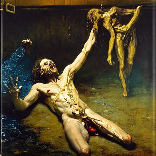 Image similar to realistic Courbet painting of a sci-fi laboratory with dressed ragged zombie with body made guts and veins dripping golden shiny metalic cascade fluid from ribcage to the floor. liquid shiny pool of gold on the floor. blue light. night.