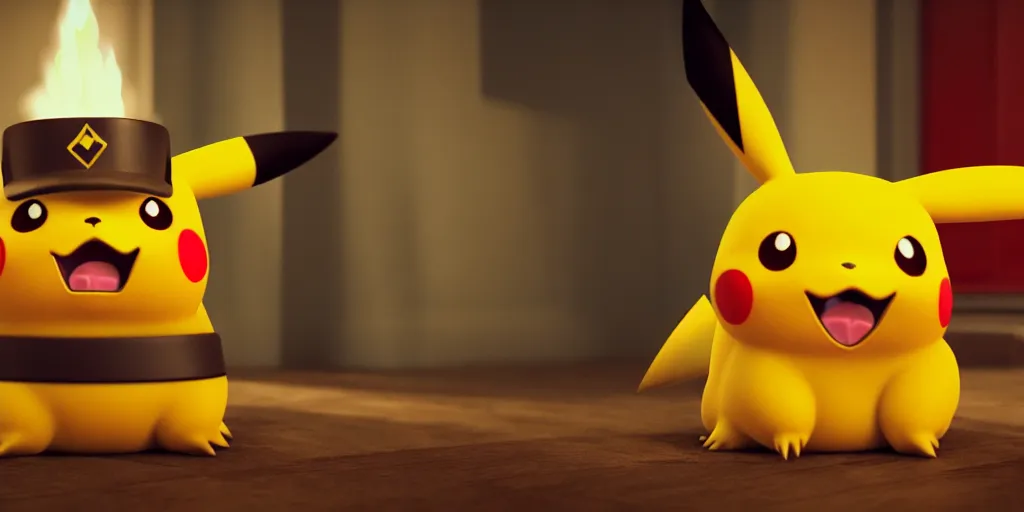 Prompt: pikachu devouring a dog sharp teeth burtal eyes scary mouth dark room red candles trash bin octane unreal engine render 8k photorealistic extreme detail textured