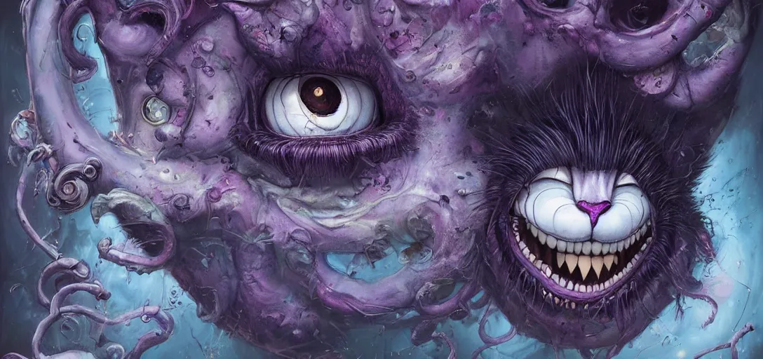 Prompt: dream portrait of Cheshire Cat from Alice in Wonderland,full character, melting ,8k,by tristan eaton,Stanley Artgermm,Tom Bagshaw,Greg Rutkowski,Carne Griffiths, Ayami Kojima, Beksinski, Giger,trending on DeviantArt,face enhance,hyper detailed,minimalist,horror, android, full of colour