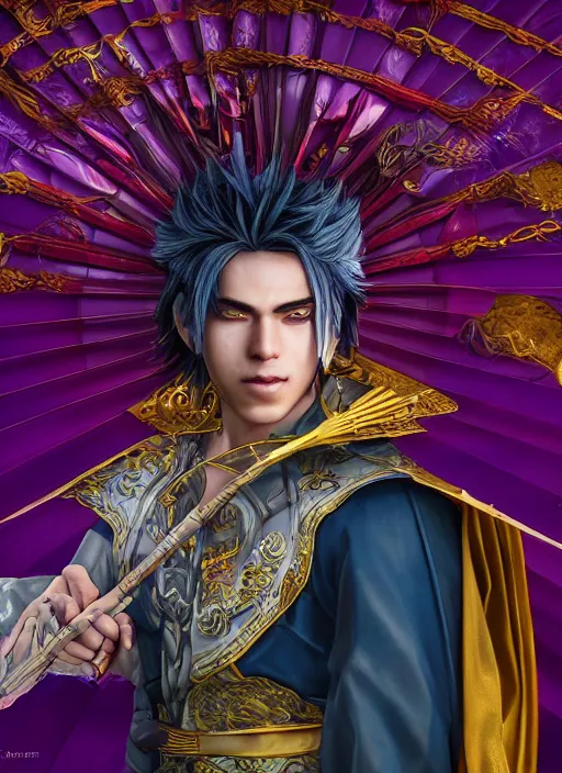 Prompt: An epic fantasy comic book style portrait painting of young man with straight indigo hair, purple eyes with red eye markers, slim body, wearing a detailed Japanese kimono with golden armor pieces, holding a japanese fan. Unreal 5, DAZ, hyperrealistic, octane render, cosplay, RPG portrait, dynamic lighting