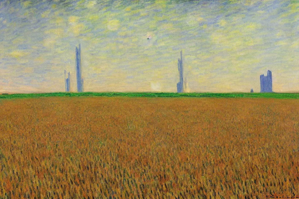 Prompt: sci-fi painting of many skyscraper on the small wheat fields, one kid on the ground, by Monet, godrays, detailed