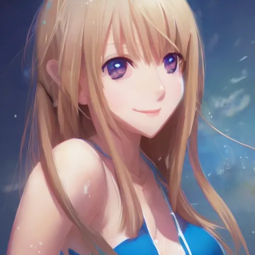 Image similar to a very beautiful mature yuuki asuna, full body, long wavy blond hair, sky blue eyes, full round face, bikini, miniskirt, front view, mid - shot, cute pose, highly detailed, cinematic wallpaper by stanley artgerm lau