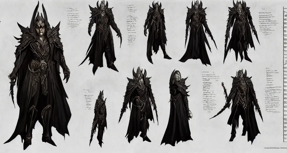 Image similar to A full body portrait character sheet of an evil looking Human sorcerer in Master sorcerer's ornate robes, video game concept art by Wizards of the Coast, Magic The Gathering, Blizzard, Games Workshop, Greg Rutkowski, Craig Mullins, WETA, Elder Scrolls.