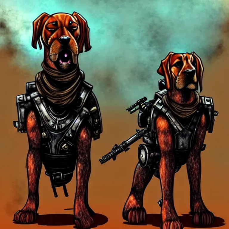 Image similar to a good ol'bloodhound pup fursona ( from the furry fandom ), heavily armed and armored facing down armageddon in a dark and gritty version from the makers of mad max : fury road. witness me.