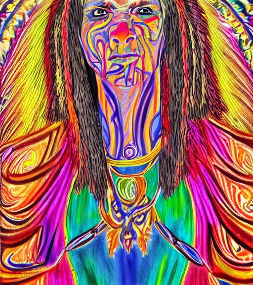 Image similar to Portrait painting in a style of Alex Grey of a shaman dressed in a colorful traditional clothes.