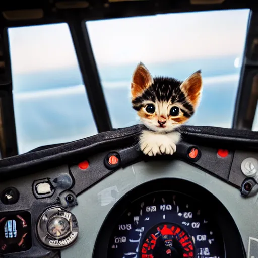 Image similar to adorable kitten piloting a fighter jet, photo, f2.0 35mm prime, highly detailed, 4k