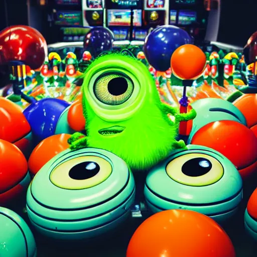 Prompt: a drawing of Mike wazowski sat inbetween a set of bowling balls, on a rack, at the bowling alley, Pixar animation, dynamic lighting, portrait, detailed, cinematic, 4k