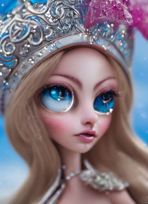 Image similar to closeup profile portrait of tin toy fairytale princess ice snow bikini girl, depth of field, zeiss lens, detailed, symmetrical, centered, fashion photoshoot, by nicoletta ceccoli, mark ryden, lostfish, breathtaking, 8 k resolution, extremely detailed, beautiful, establishing shot, artistic, hyperrealistic, octane render