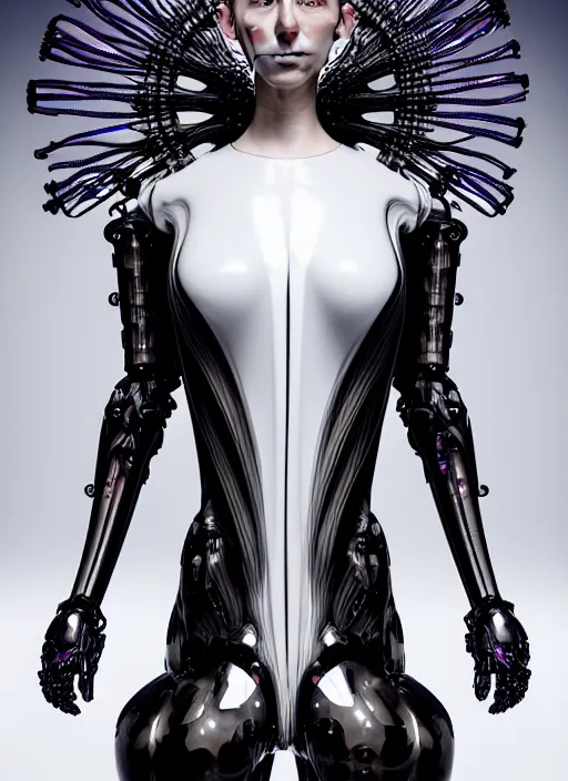 Image similar to iris van herpen gothic inflateble dark dress, perfect symmetrical body, helmet on face, full body shot, inflateble shapes, wires, tubes, veins, jellyfish, white biomechanical details, wearing epic bionic cyborg implants, masterpiece, intricate, biopunk, vogue, highly detailed, artstation, concept art, cyberpunk, octane render