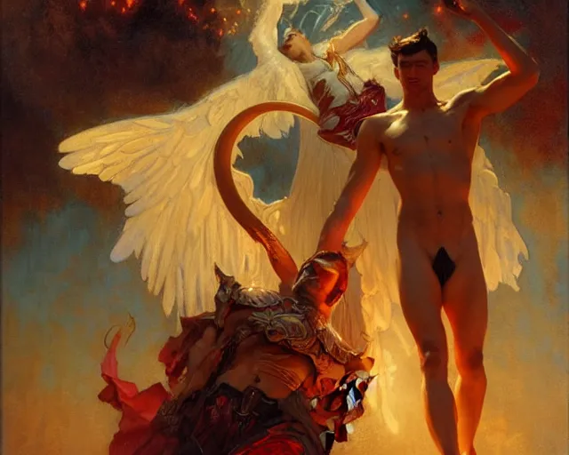 Image similar to attractive lucifer morningstar casting illusion over attractive mortal man. highly detailed painting by gaston bussiere, craig mullins, j. c. leyendecker 8 k