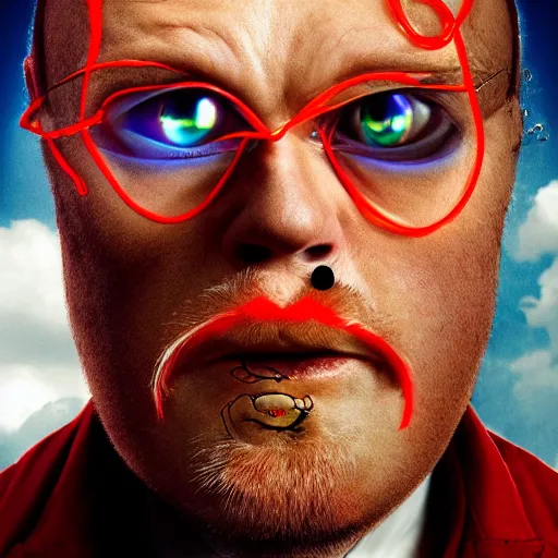 Image similar to a man with 3 eyes, man with a 3rd eye in the middle of his forehead, an awkwardly tall mad scientist with a 3rd eye a tangled orange beard balding head and unruly red hair wearing a labcoat, high resolution film still, movie by Robert Zemeckis and Ivan Reitman, 3rd eye in the middle of his forehead