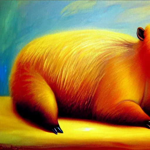 Prompt: capybara relaxing on couch | style salvadore dali | oil painting | featured artstation | impressionist