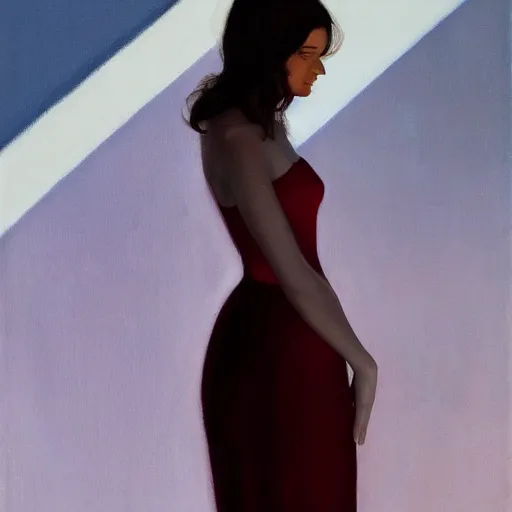 Image similar to beautiful woman in elegant clothing under soft blue light and standing in a burgundy room with vacant stare by edward hopper, arcimboldo, david lynch, greg rutkowski,, trending on artstation
