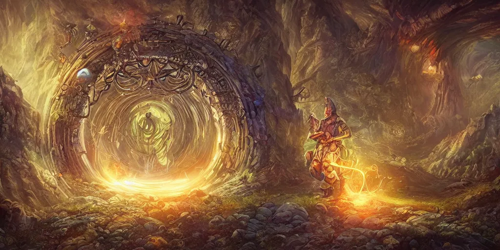 Image similar to A wizard summoning a portal to another land, hyper-detailed, intricate, colorful, wide angle, beautiful, fantasy, concept art