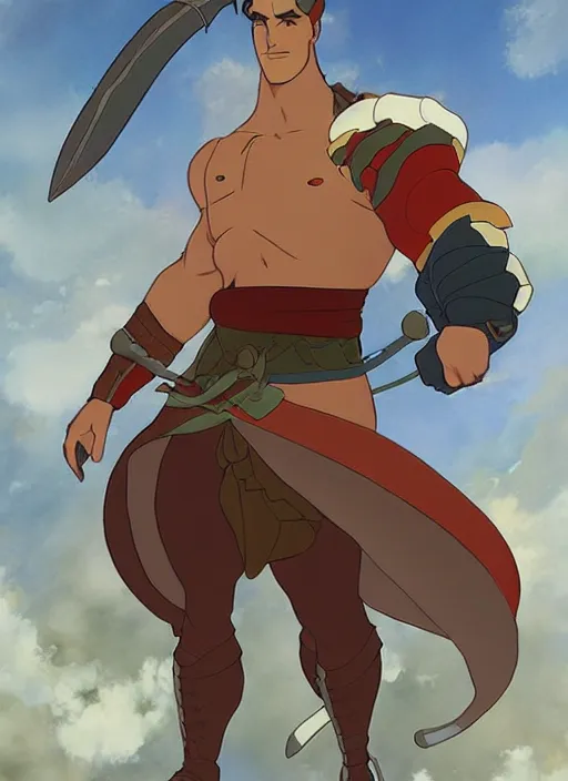 Image similar to official digital painting artwork of a male warrior character by don bluth, ross tran and studio ghibli.