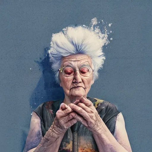 Prompt: a very beautiful polaroid photograph portrait. watercolor and pen painting. very stylized. a sweet fat old woman is painting her shadow on the wall. very stylized. 4 k. wide angle. wild movements. 3 d. symmetrical face. clear realistic face. beautiful hands. deep focus, lovely scene. arnold maya render. concept art. unreal engine