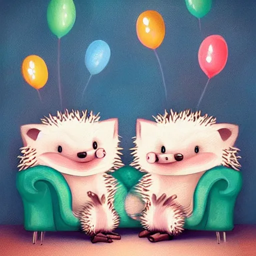 Prompt: two cute adorable hedgehogs, sitting together on a couch, romantic, shy hedgehog, blushing, waving, smiling, cute, hedgehog, by cyril rolando