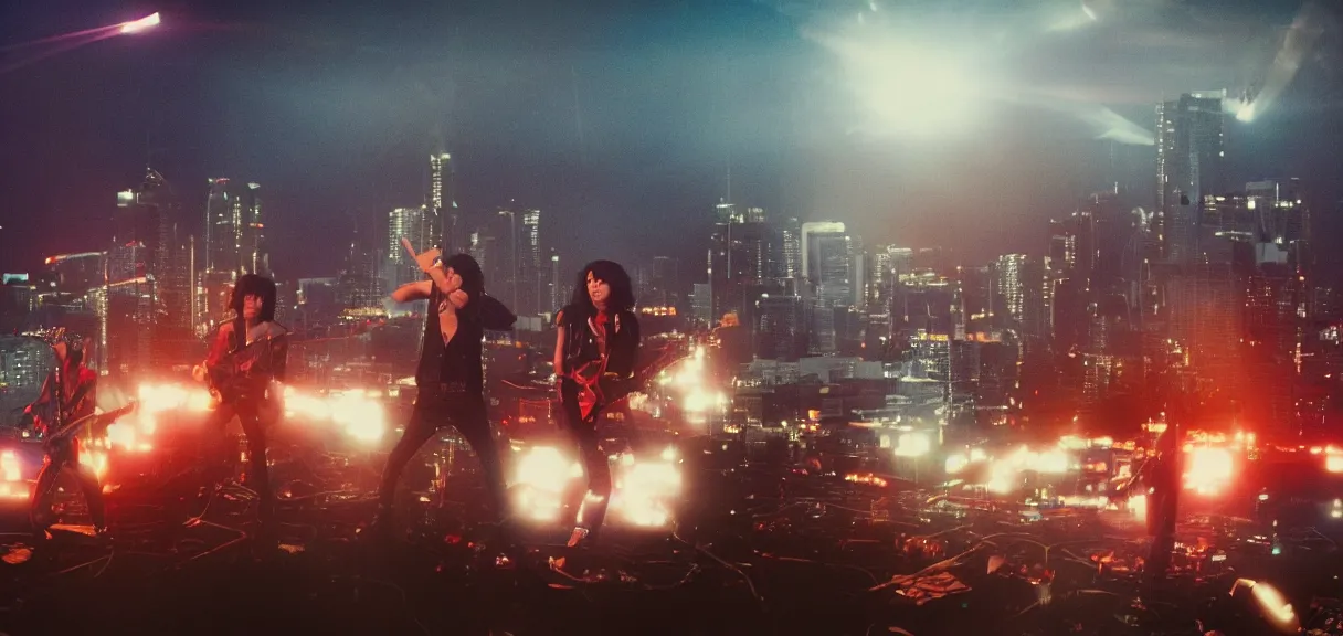 Image similar to The wide shot of disco punk rock Asian band with very long curly dark hair playing on guitars while Godzilla destructs the city, night city on the background, flying saucer in the sky, by Lubezki and David Lynch, anamorphic 35 mm lens, cinematic, anamorphic lens flares 4k