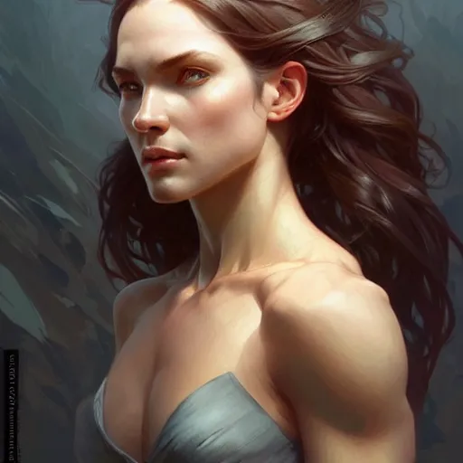 Image similar to portrait of forest gog, female, clear face, masculine, upper body, muscular, fantasy, intricate, elegant, highly detailed, digital painting, artstation, concept art, matte, sharp focus, illustration, art by artgerm and greg rutkowski and alphonse mucha