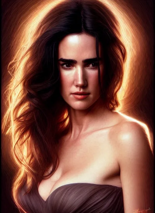 Prompt: a gorgeous young jennifer connelly with long soft hair in the style of stefan kostic, realistic, full body shot, wide angle, sharp focus, 8 k high definition, insanely detailed, intricate, elegant, art by stanley lau and artgerm, floating embers