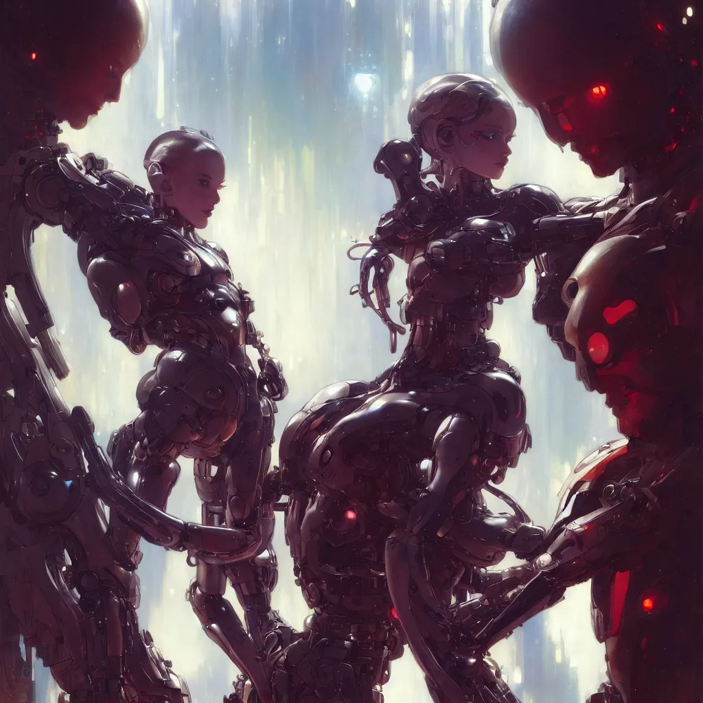 Image similar to male cyborg in love with female android, by gaston bussiere, anna nikonova aka newmilky, greg rutkowski, yoji shinkawa, yoshitaka amano, tsutomu nihei, muira, moebius, donato giancola, trending on artstation, featured on pixiv