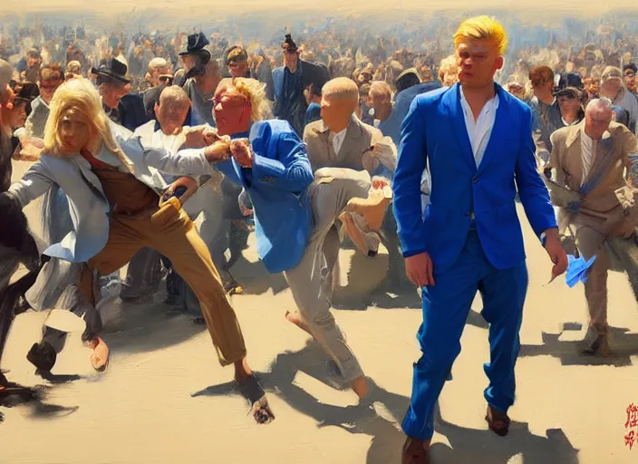 Image similar to greg manchess portrait of a blond man in a blue suit wounded surrounded by a crowd, organic painting, sunny day, matte painting, bold shapes, hard edges, street art, trending on artstation, by huang guangjian, gil elvgren, ruan jia, randy vargas, greg rutkowski