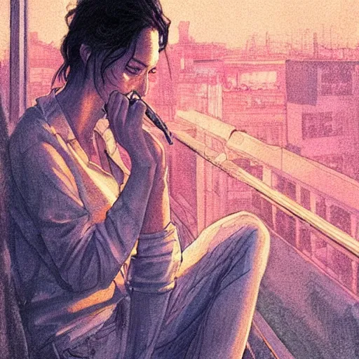 Image similar to a beautiful artwork of a woman in jeans and a white shirt smoking on the balcony of a hotel at night, top view, neon and rainy theme atmosphere by Jerome Opeña, featured on artstation