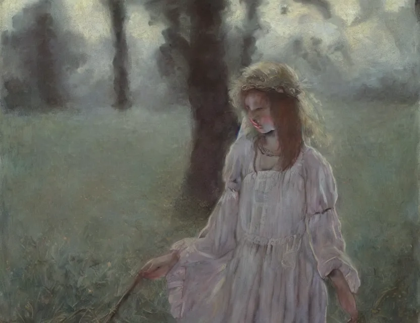 Image similar to peasant girl trying new dress, cottage core, cinematic focus, polaroid photo bleached vintage pastel colors high - key lighting, soft lights, foggy, by steve hanks, by lisa yuskavage, by serov valentin, by tarkovsky, 8 k render, detailed, oil on canvas