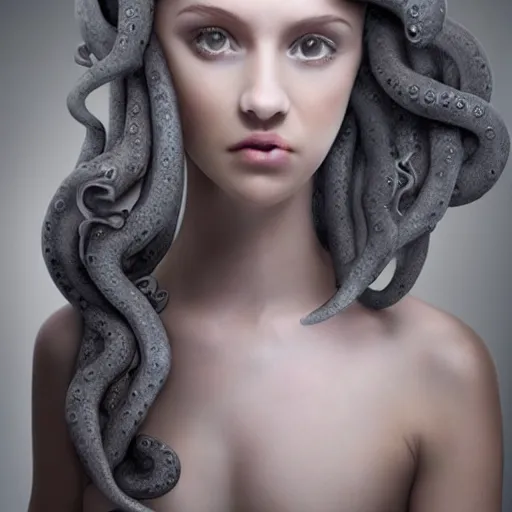 Image similar to A girl with a gray octopus for hair, very young and beautiful face, silver eyes, HD, hyper realistic