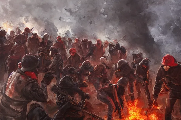 Prompt: intense dramatic still of a ragtag group of miners and factory workers with improvised weapons and firearms and dark red scarves, on the surface of an asteroid, outside of a high tech industrial building, medium shot, oil painting by charles frederic ulrich, jason ryan artstation, greg rutkowski, trending on artstation, incredible detail
