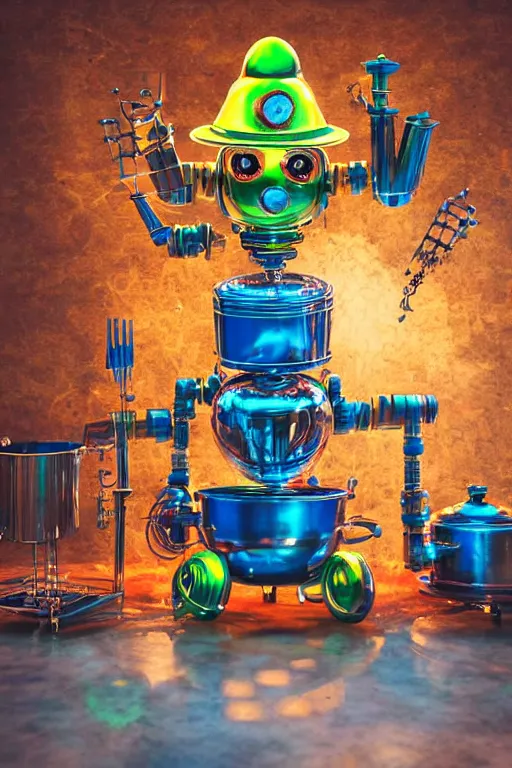 Prompt: portrait photo of a giant golden and blue metal steampunk kitchen robot cook chef with pots and pans and tubes, wearing a big chef hat, eyes are green lights, shiny crisp finish, 3 d render, 8 k, insaneley detailed, fluorescent colors, background is multicolored lasershow