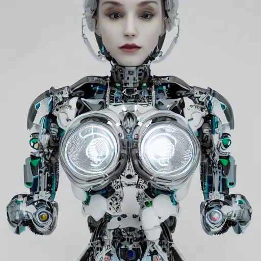 Prompt: beautiful centered fine art photo portrait of romantic beautiful girl as a solarpunk robotic humanoid, white mechanical parts with led lights, contrapposto style pose, photorealistic, white background, highly detailed and intricate, soft box lighting, hdr 8 k