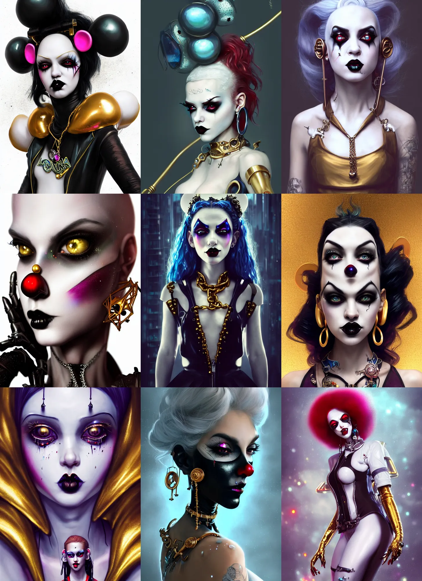 Prompt: disney 8 k photo, beautiful shiny white porcelain rich grand pearlescent goth edc devilgirl clownpunk cyborg college woman, giant earrings, skater girl, golden ratio, sci fi, fantasy, cyberpunk, intricate, decadent, highly detailed, digital painting, octane render, artstation, concept art, smooth, sharp focus, illustration, art by loish, wlop