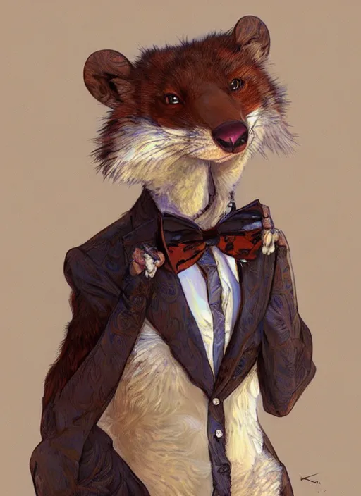 Image similar to Character portrait of a happy furry anthro weasel wearing a bowtie in the desert wilderness, intricate, elegant, highly detailed, digital painting, artstation, concept art, smooth, sharp focus, illustration, art by Krenz Cushart and Artem Demura and alphonse mucha